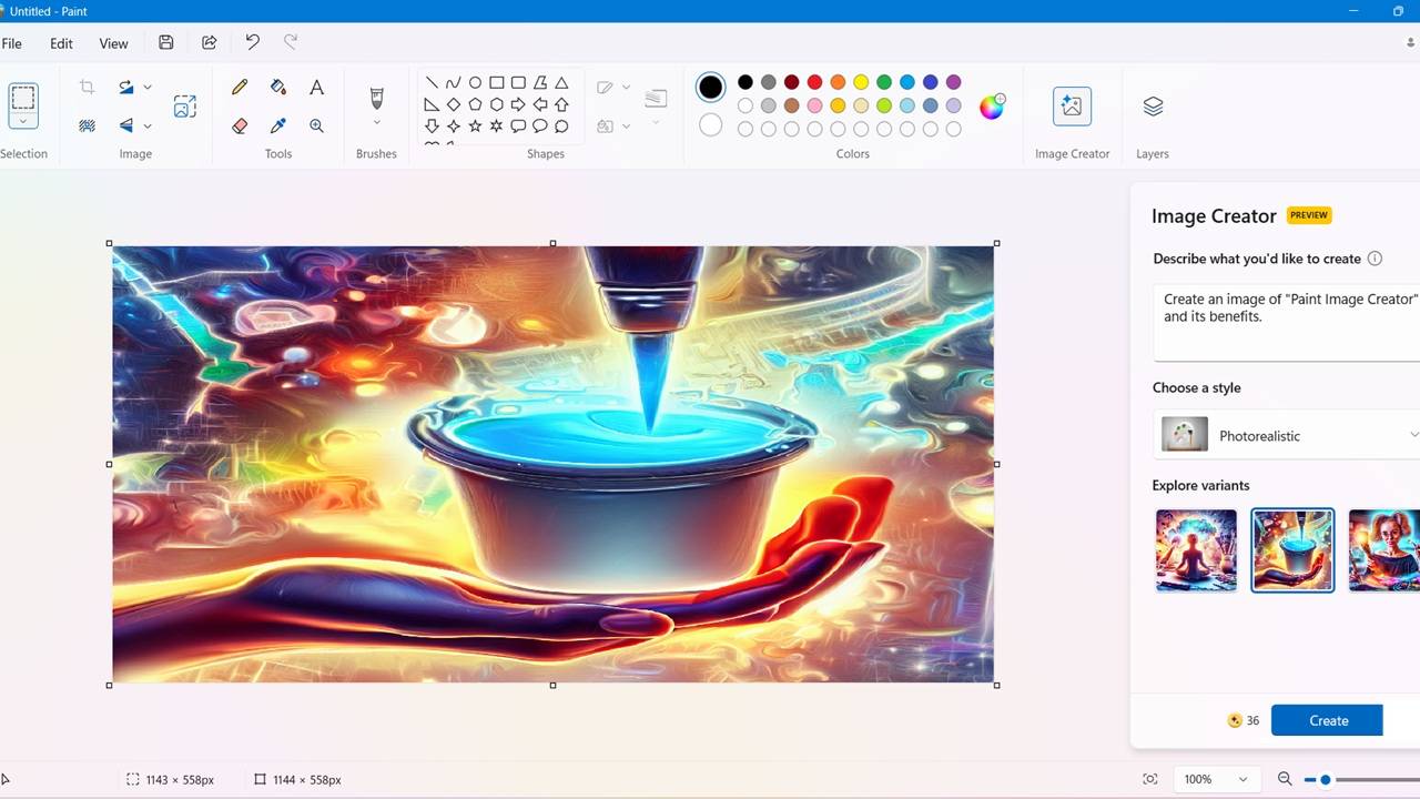 Featured image: MS Paint's new Image Creator feature for AI image generation using text prompts.