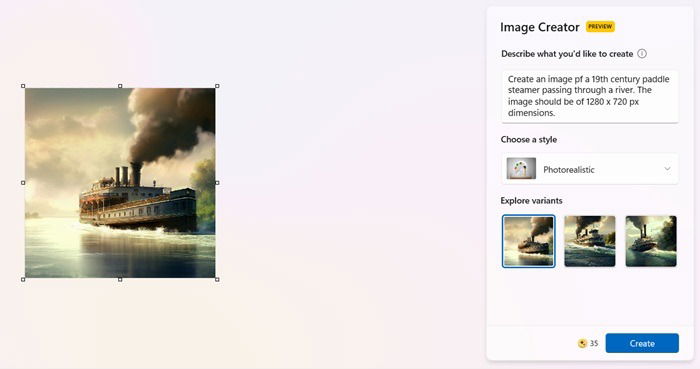 MS Paint's Cocreator fails to create images based on specified dimensions.