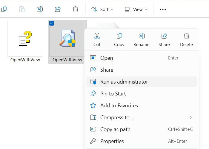 Running OpenWithView application in Administrator mode.