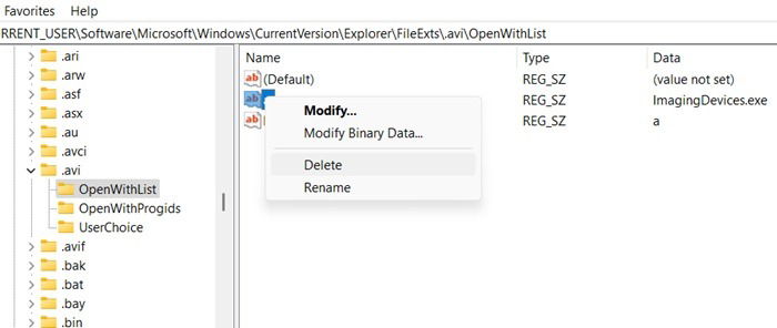Deleting ImagingDevice application from AVI's "Open with" list in Registry Editor.