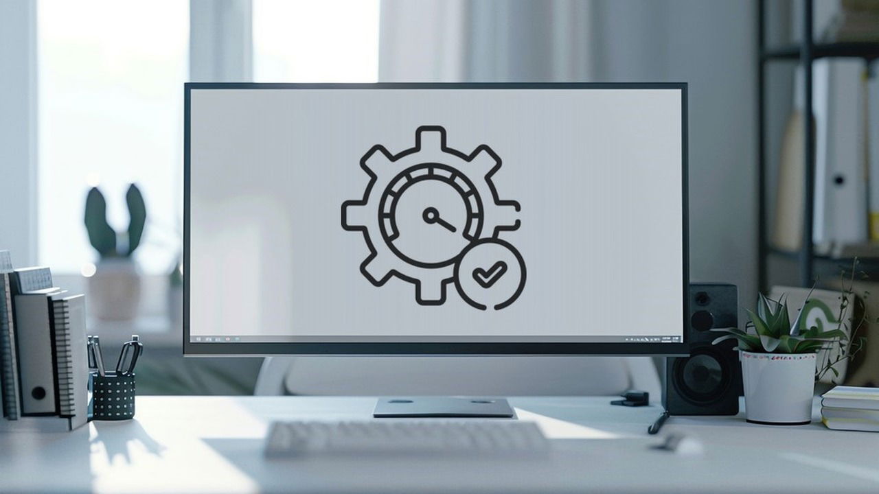 White monitor screen with cog wheel in middle