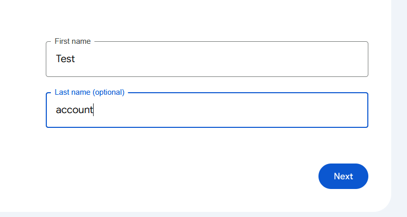 Google account creation page asking child's name