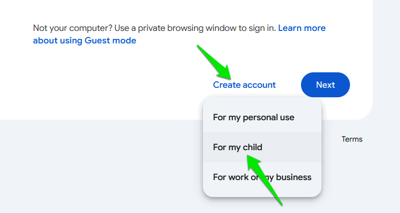 Create Child Google Account option