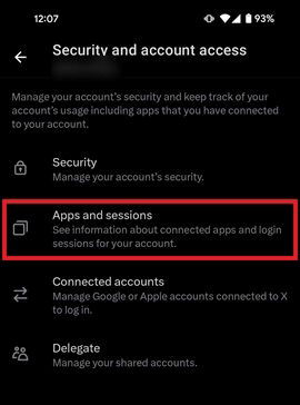 Tapping on "Apps and sessions" in Twitter app.