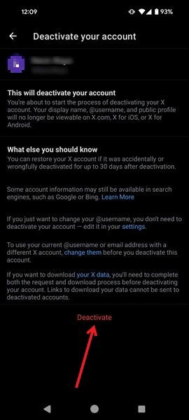 Tapping on "Deactivate" button in Twitter app.