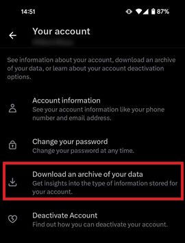 Selecting the "Download an archive of your data" option in Twitter app.
