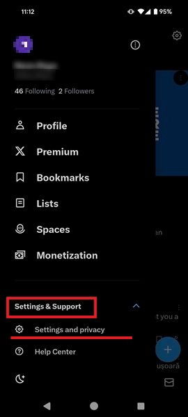 Pressing on "Settings and privacy" option in Twitter app.