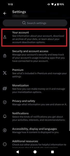 Tapping on "Your account" option in Twitter app Settings.