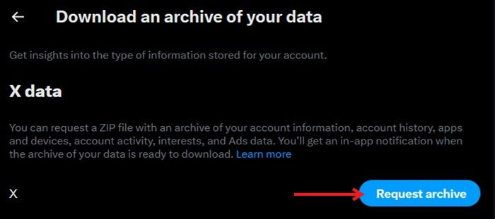 Pressing on "Request archive" button in Twitter on PC.