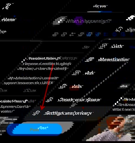 Clicking on "Settings and privacy" option in Twitter on PC.