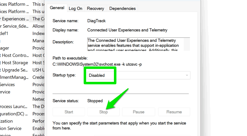 Dialog showing how to disable a Windows service