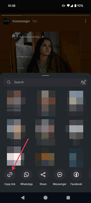 Selecting the option to "Copy link" in Instagram app when watching a story.