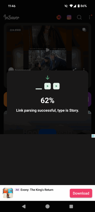 Downloading Instagram story with InSaver app.
