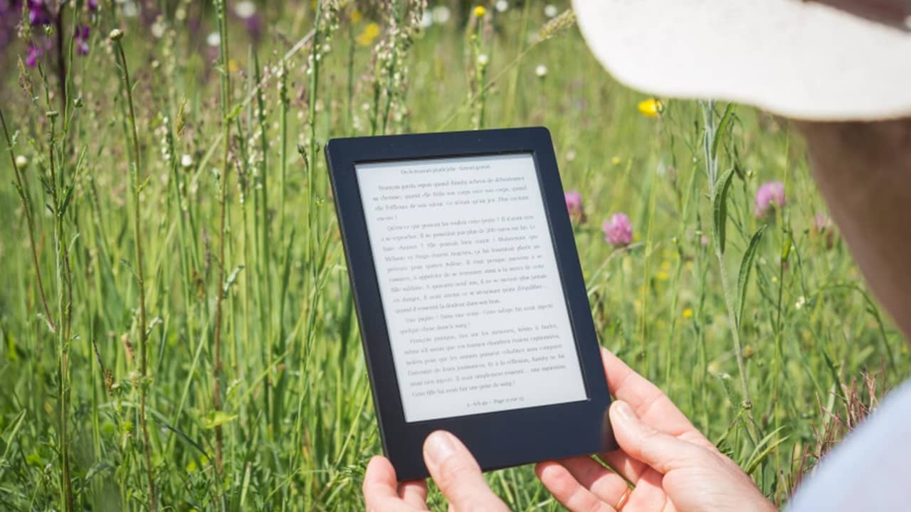 Person reading Kindle books in a field.