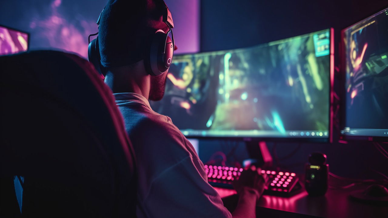 man sitting infront of multiple monitors with games