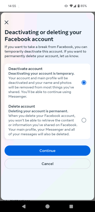Taking the step to deactivate Facebook account.