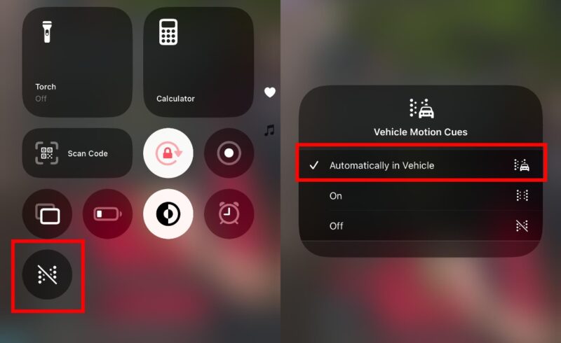 An image showing screenshots from the iPhone's Control Center. This is from where the user can quickly toggle the motion sickness iPhone setting on and off.