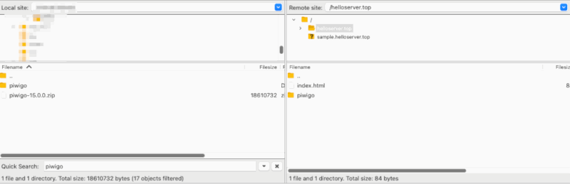 A screenshot showing an FTP client and the transfer of Piwigo files to the remote webhost.