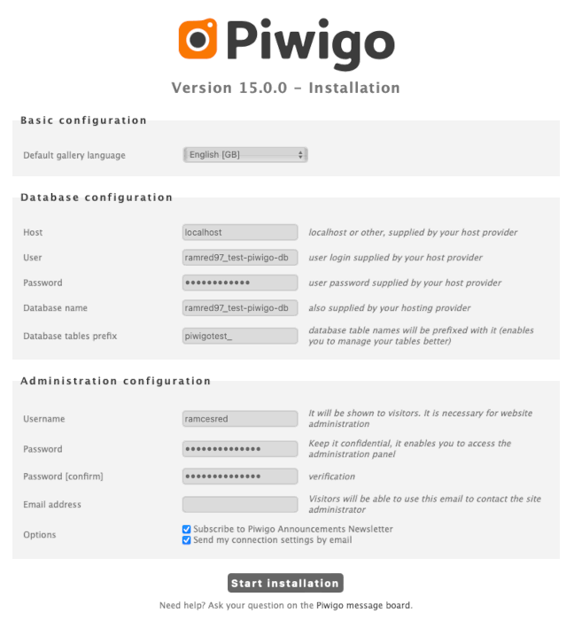 A screenshot showing the Piwigo setup screen.