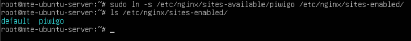 A terminal showing process of creating a symbolic link for the Piwigo site config.