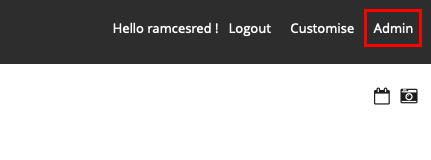 A screenshot highlighting the location of the "Admin" console link in the Piwigo dashboard.