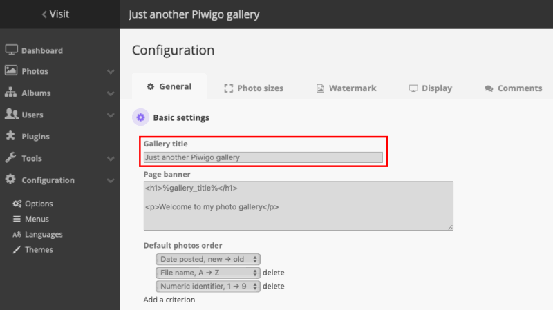 A screenshot highlighting the location of the Gallery name for the Piwigo instance.