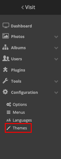 A screenshot highlighting the location of the "Themes" menu item in the Piwigo admin page.