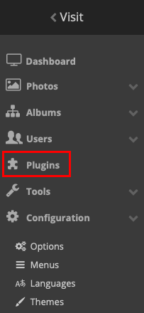 A screenshot showing the location of the "Plugins" menu option in the Piwigo admin screen.