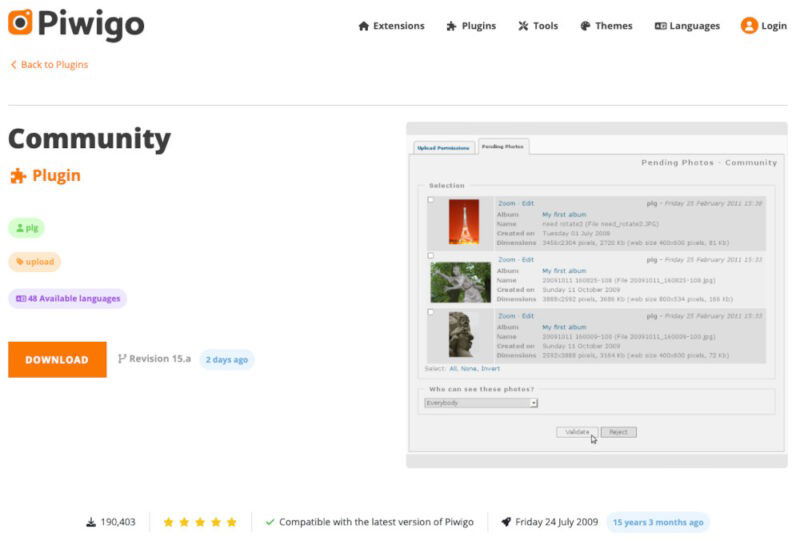 A screenshot showing the Piwigo page for the Community plugin.