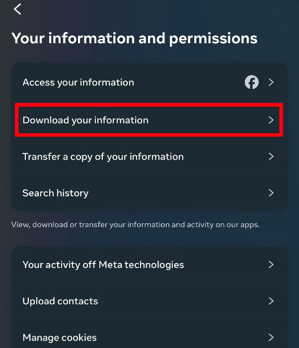 Meta Accounts Center's information and permissions screens. It highlights the option for the user to downnoad their information.