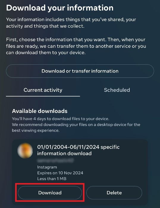 Meta Accounts Center, showing a user's information about pending follow requests on Instagram ready for download.