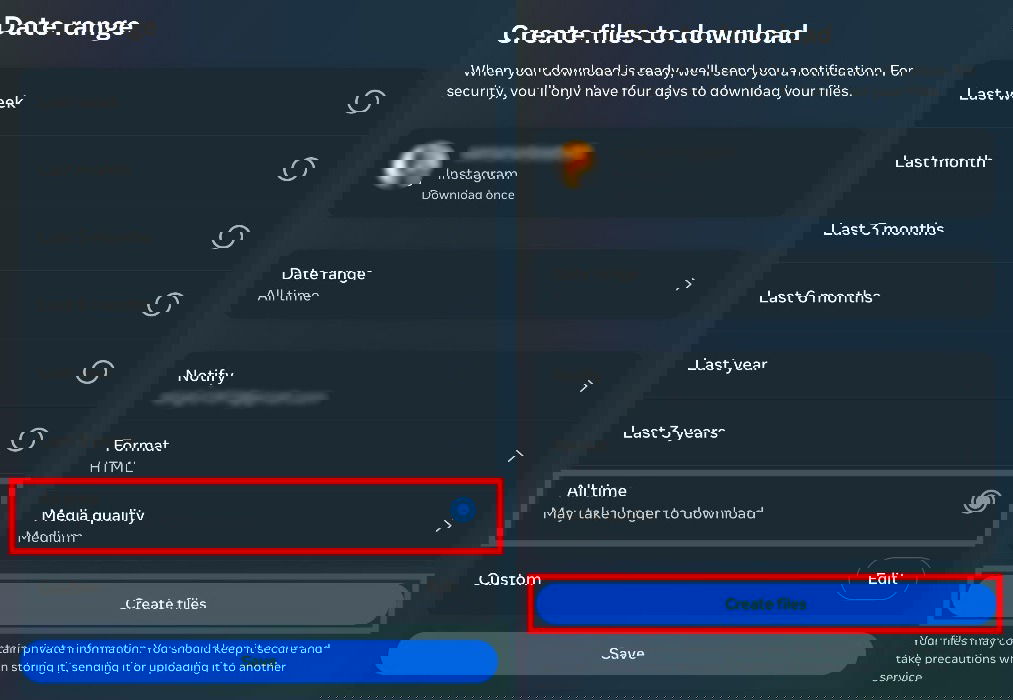 2 screenshots- the first shows the date range options to check your pending follow requests on Instagram, and the second shows the user creating the requested files to peruse later.