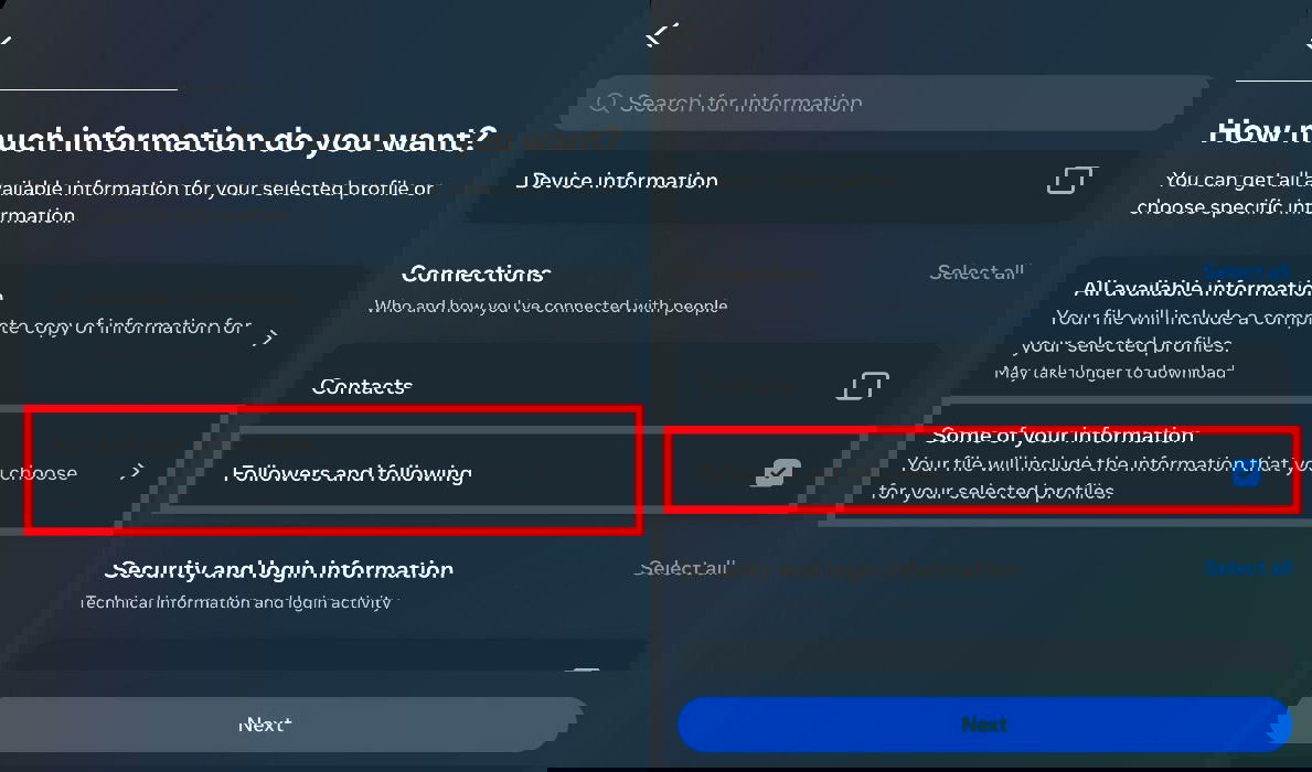 Two screenshots from the Meta Account Center, where the user selects how much information they wish to download, and which parts.