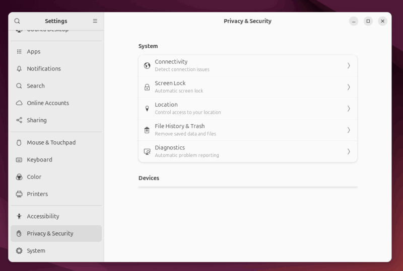 Privacy And Securtiy Menu In Ubuntu
