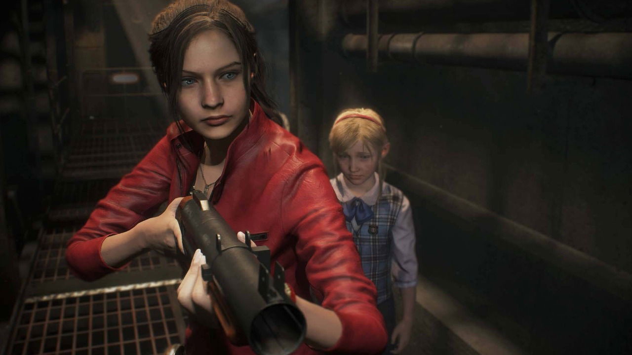 An image of Claire Redfield from the Resident Evil 2 game remake, wearing a red leather jacker and holding a grenade launcher, followed by a little girl with blonde hair.