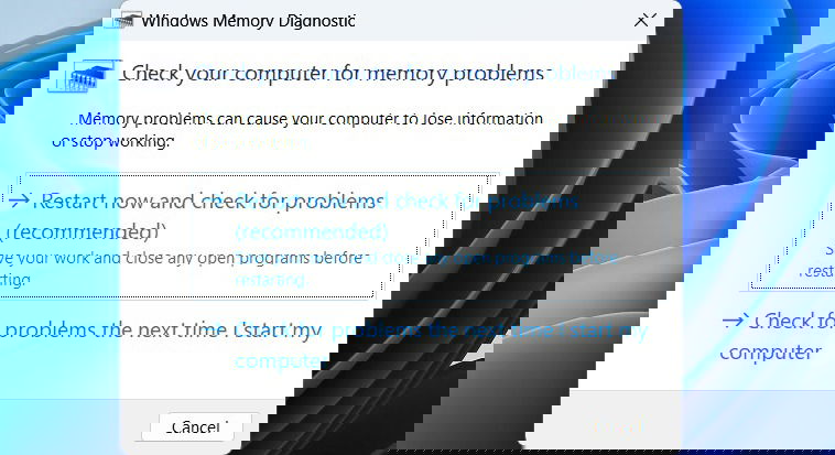 Windows Memory Diagnostic tool restart prompt