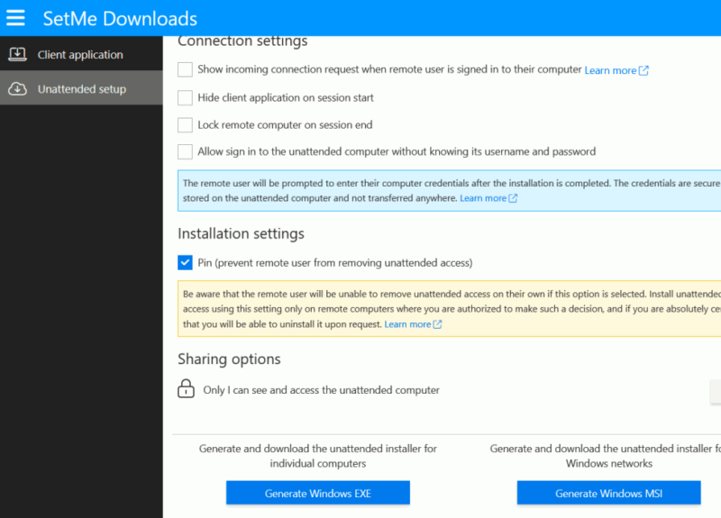 Generating unattended EXE in SetMe Downloads on Admin PC.