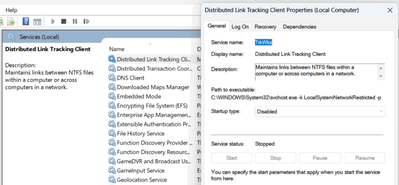 Distributed link client service disabled in Windows services
