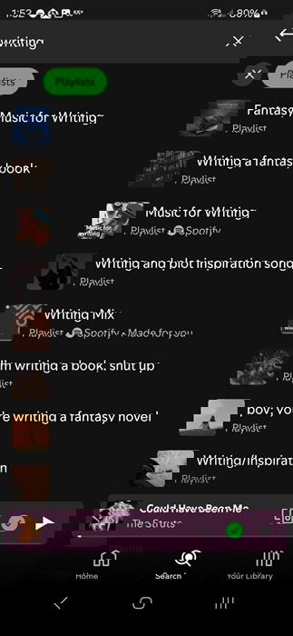 Searching for Spotify playlists about writing.
