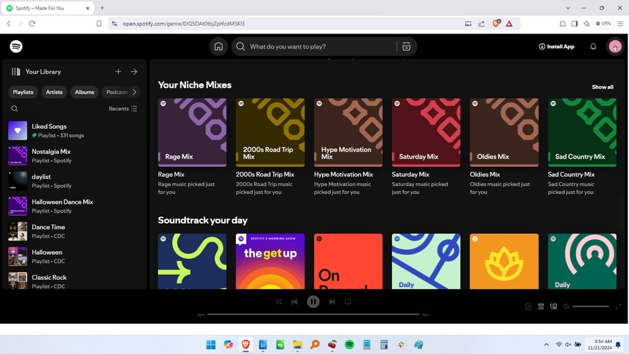 Spotify web player loaded in Brave.