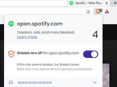 Turning off ad-blocker for Spotify for Brave.