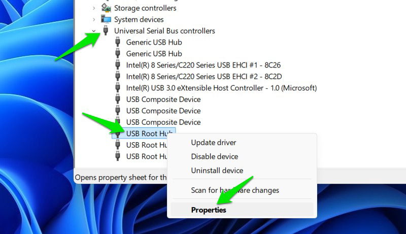 USB device context menu in device manager