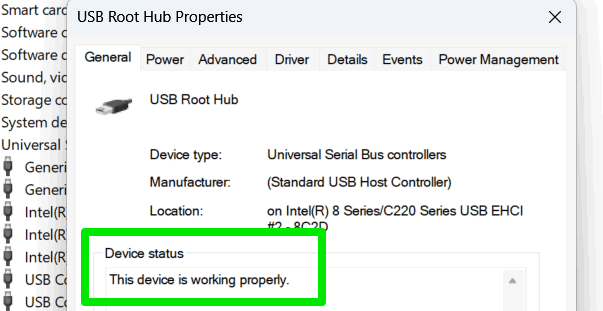 USB properties showing its status