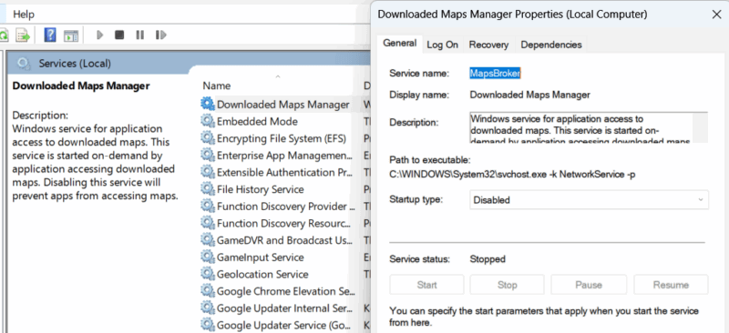 Windows Maps service in Windows services.msc
