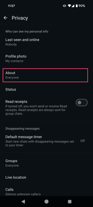 Selecting About option in WhatsApp Privacy options on Android.