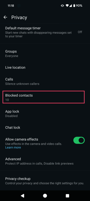 Tapping on "Blocked contacts" in WhatsApp Privacy options on Android.