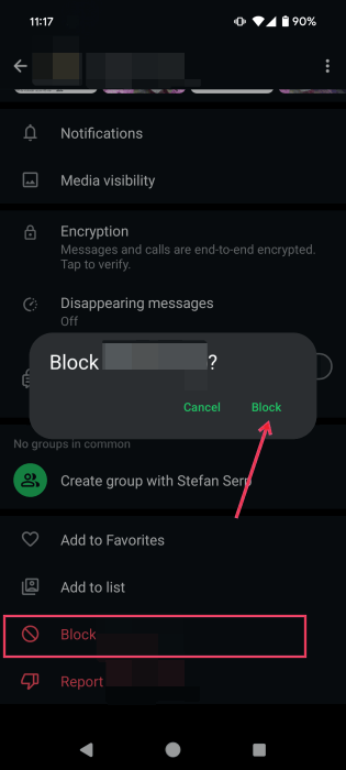 Blocking contact on WhatsApp on Android.