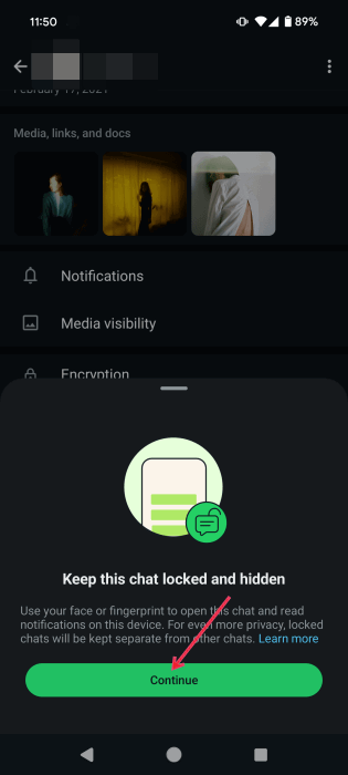 Pressing Continue after initializing Chat Lock for conversation on WhatsApp on Android.