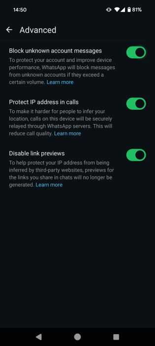 Enabling "Block unknown account messages" option in WhatsApp on Android.