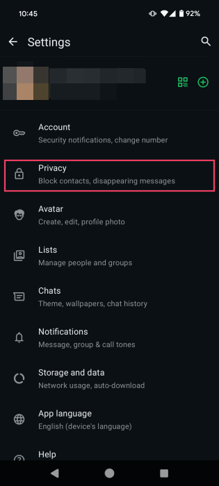 Selecting "Privacy" option in WhatsApp Settings on Android.